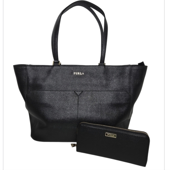 Furla Black Leather Tote Bag Matching Wallet Set Authenticated Bag - Picture 1 of 17